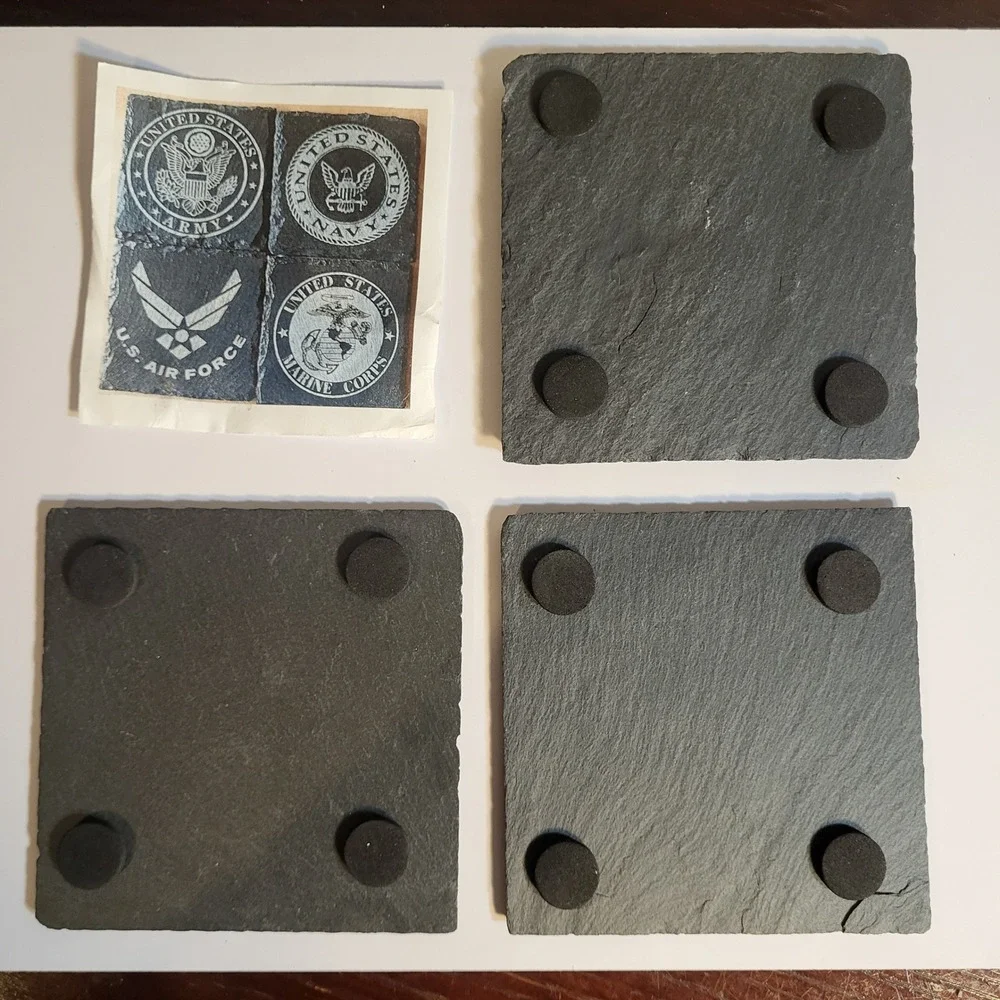 US Military Slate Coasters Set Navy Marine Corps Air Force Etched Black Stone